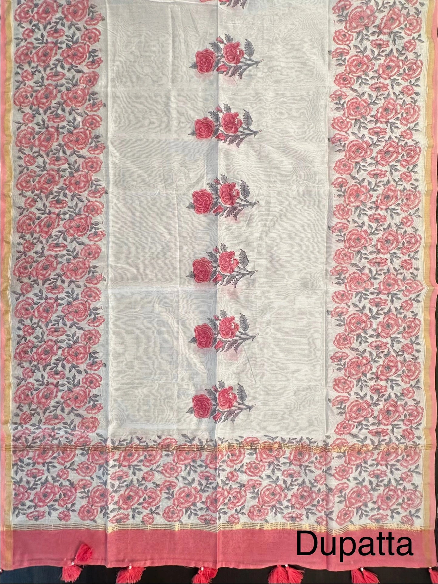 Off White-Peach Hand Block Printed Chanderi 3-Piece Unstitched Suit with Aari Work