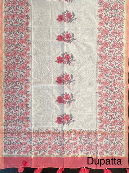 Off White-Peach Hand Block Printed Chanderi 3-Piece Unstitched Suit with Aari Work