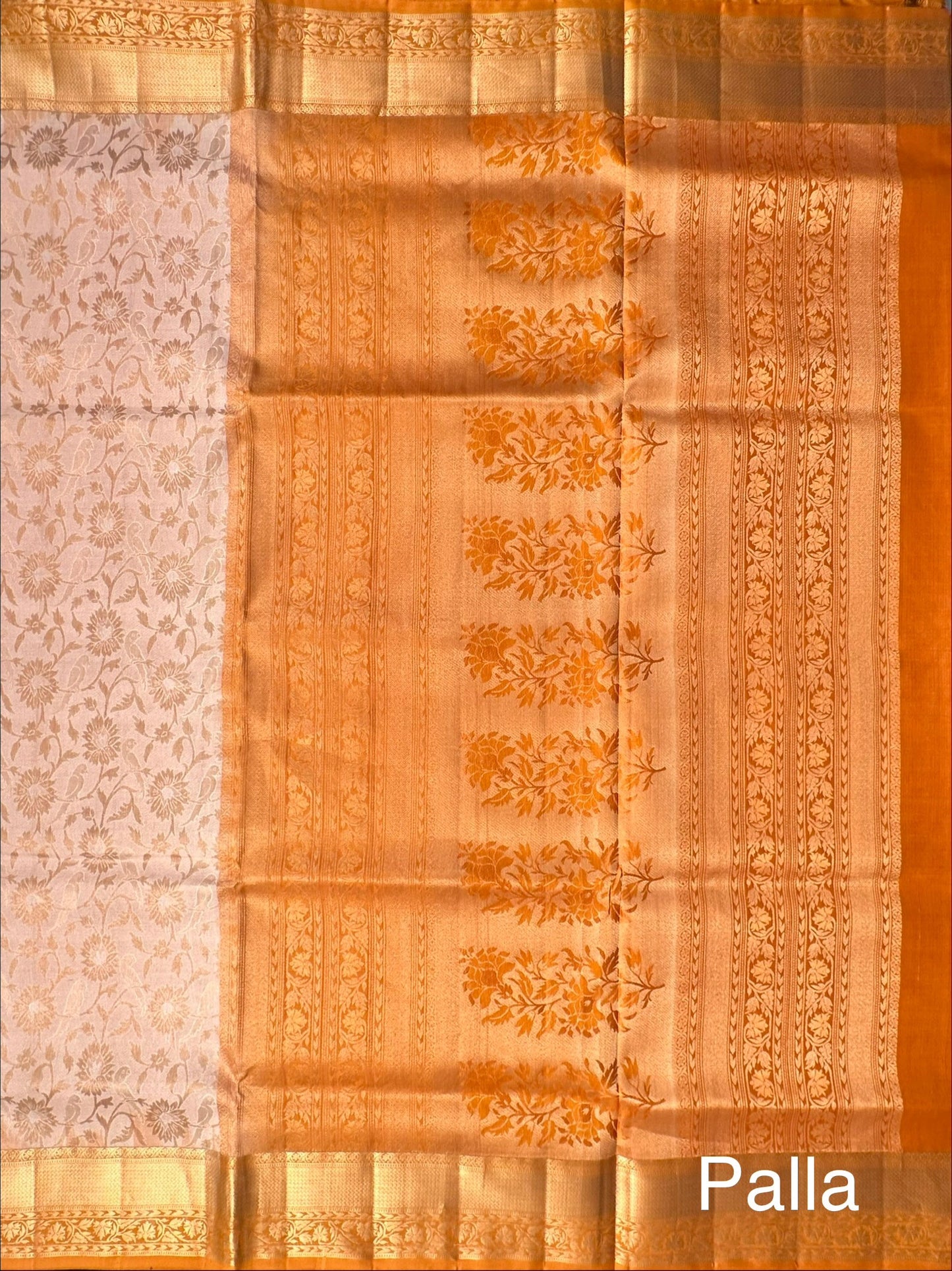 Cream-Mustard Zari Jamawar Pure Silk Saree