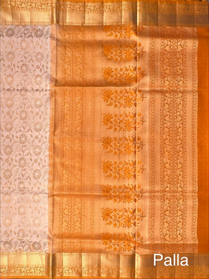 Cream-Mustard Zari Jamawar Pure Silk Saree