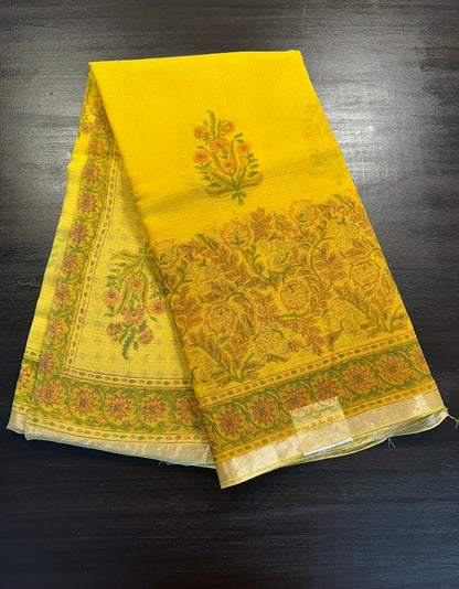 Mustard Block Print Kota Doria Cotton Saree