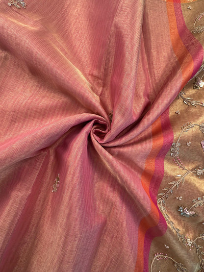 Pink HandWork Fancy Tissue Saree
