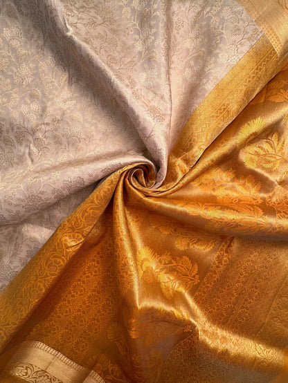 Cream-Mustard Zari Jamawar Pure Silk Saree