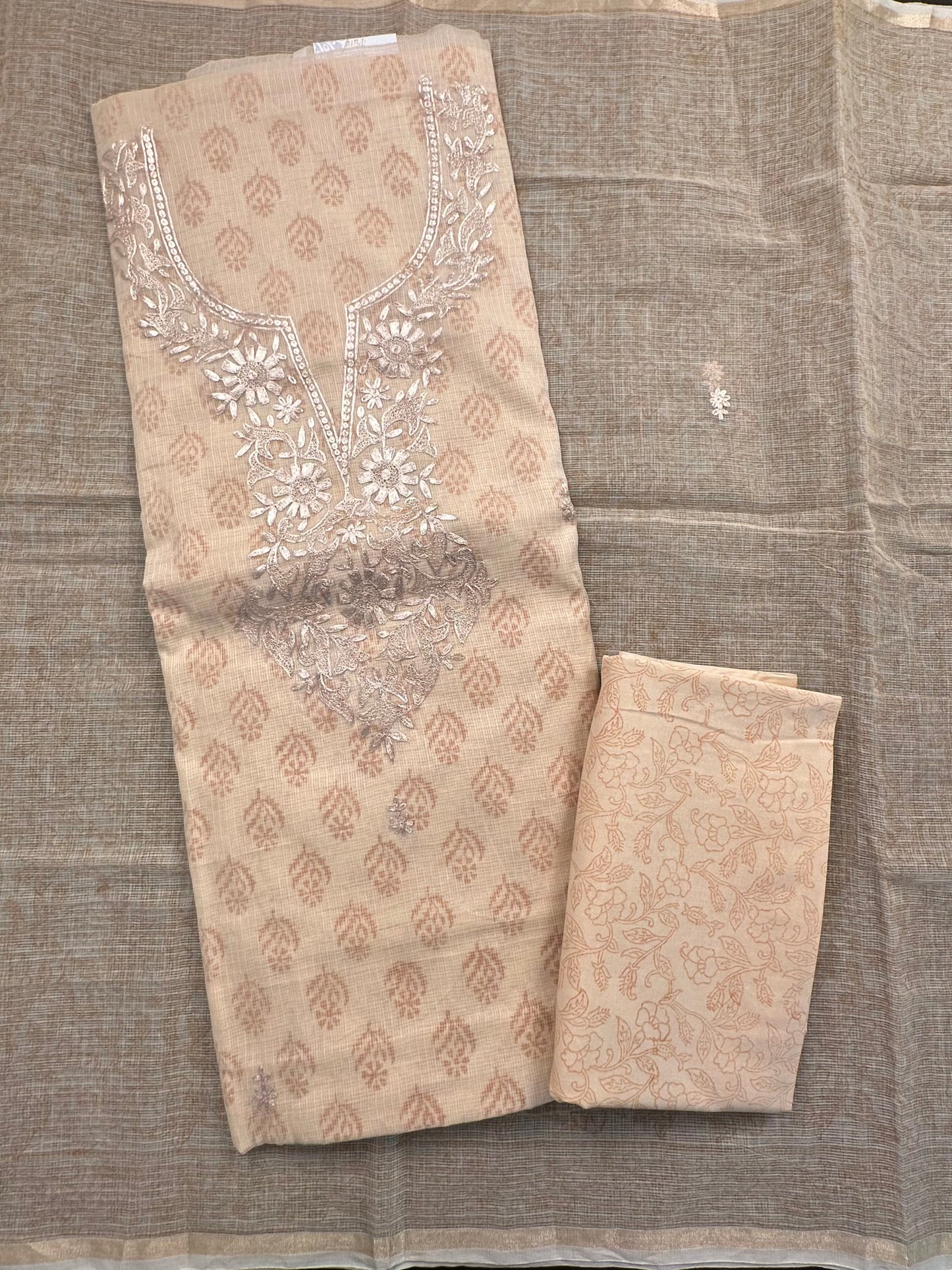 Beige  4-Piece Kota Doria Cotton Unstitched Suit