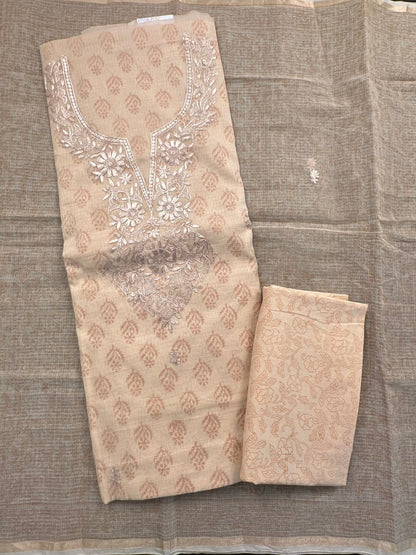 Beige  4-Piece Kota Doria Cotton Unstitched Suit