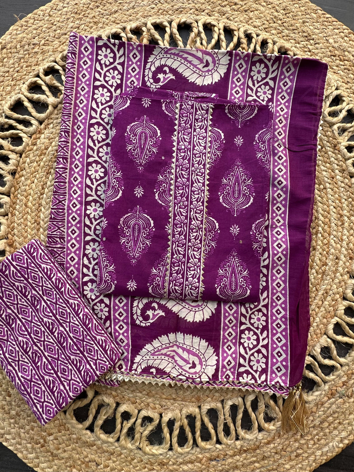Magenta Jaipuri Necktie Cotton 3-Piece Suit