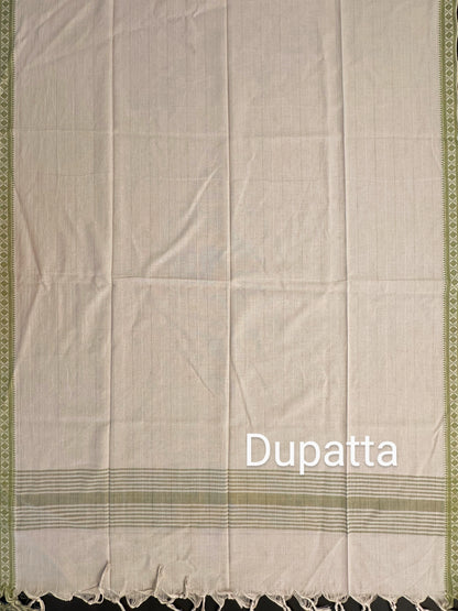Beige- Mehendi Green Mangalgiri Cotton Unstitched 3-Piece Suit
