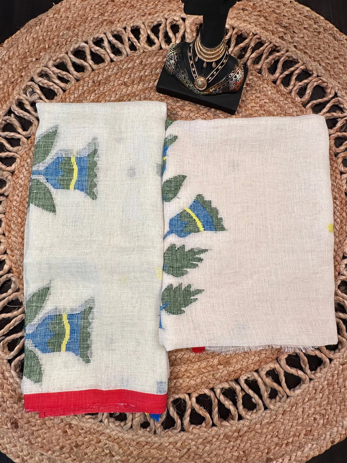 Off White Linen Dhakai 2 Piece Kurta Dupatta Unstitched Set