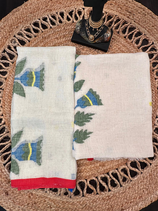Off White Linen Dhakai 2 Piece Kurta Dupatta Unstitched Set