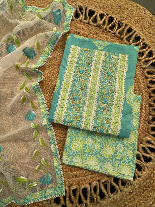 Sea Green Jaipuri Neck Work Cotton 3- Piece Suit
