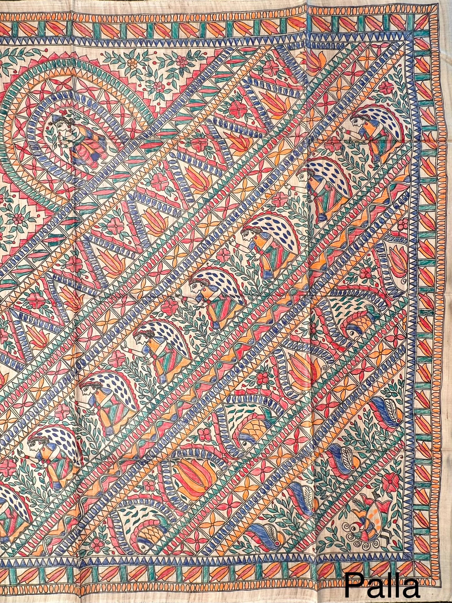 Beige Madhubani Art Pure Tussar Silk Saree