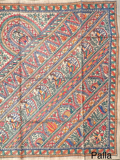 Beige Madhubani Art Pure Tussar Silk Saree