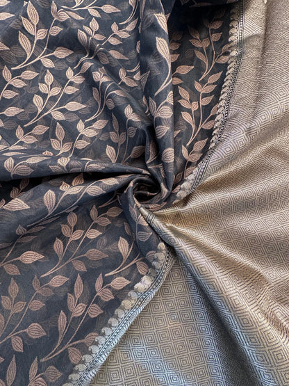 Black Floral Emboss Chanderi Saree