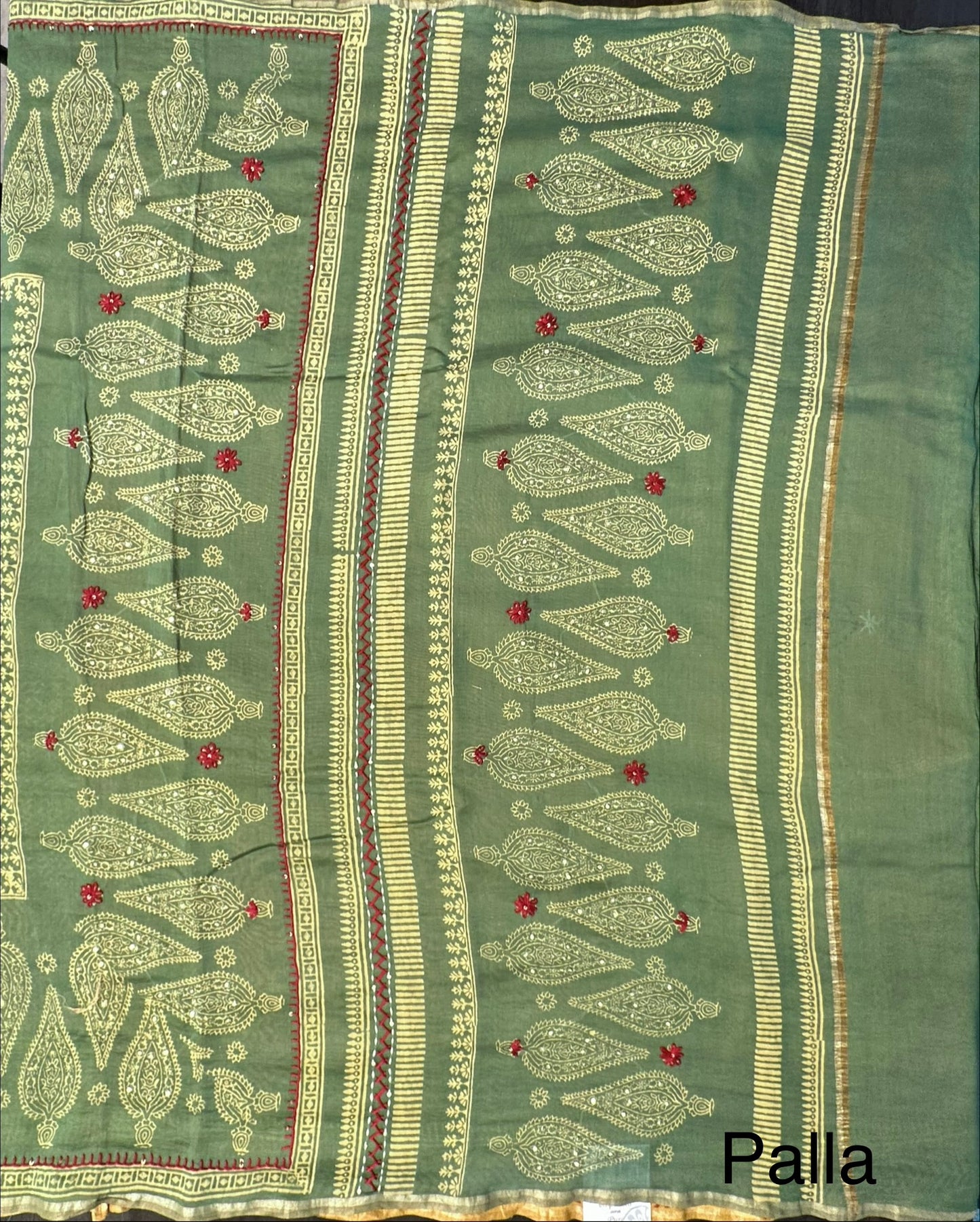 Mustard-Green Block Print Chanderi Saree With Kaantha Stitch