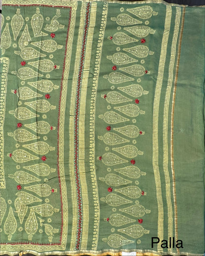 Mustard-Green Block Print Chanderi Saree With Kaantha Stitch