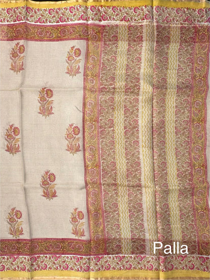 Pale Beige Hand Block-Print Kota Doria Pure Silk Saree