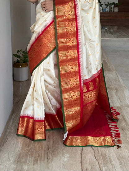 Off-White Red Gadwal Pure Silk Saree