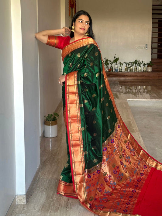 Bottle Green-Red Paithini Silk Saree