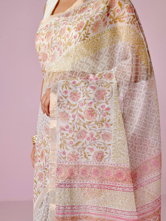 Off White - Grey Block Printed Kota Doria