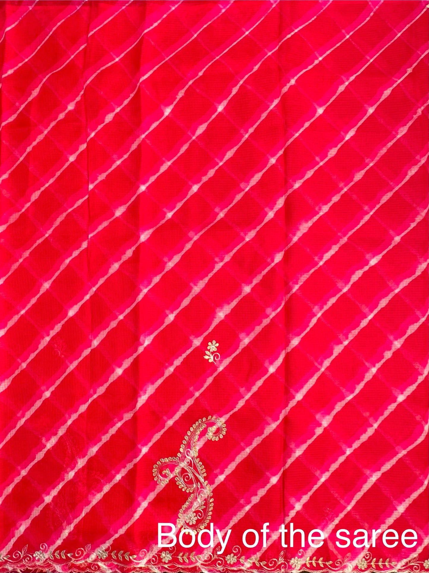 Red-Pink Kyra Leheriya Kota Doria Pure Silk Saree With Gota Patti Work