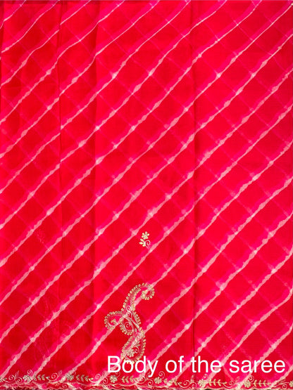 Red-Pink Kyra Leheriya Kota Doria Pure Silk Saree With Gota Patti Work
