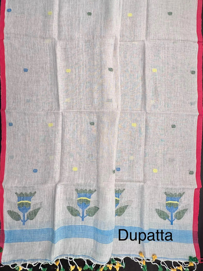 Beige Linen Dhakai 2 Piece Kurta Dupatta Unstitched Set
