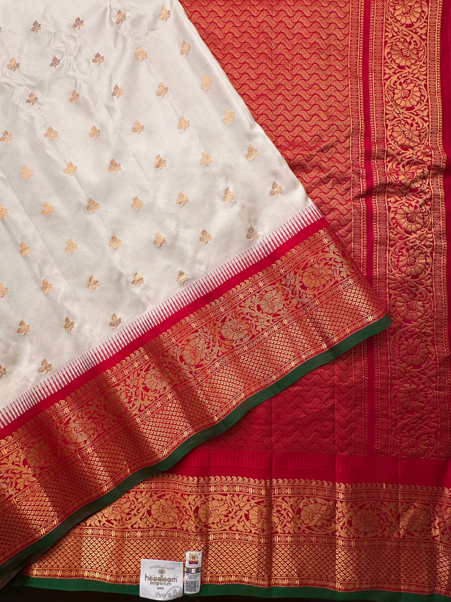 Off-White Red Gadwal Pure Silk Saree