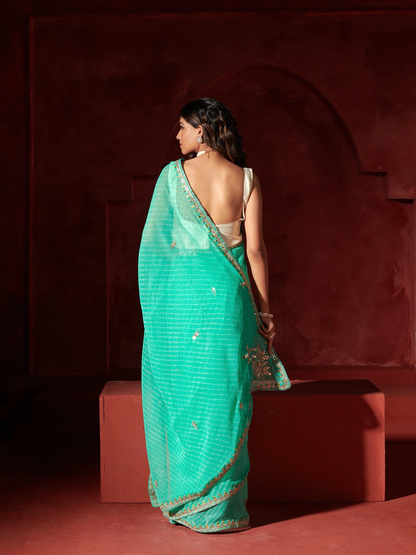 Sea Green Chatai Motra Georgette Saree With Gota Patti Work