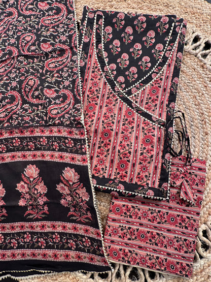 Black Angrakha Printed Cotton 3-Piece Suit