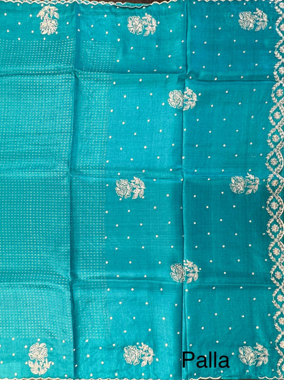 Rama Green Aari Work Pure Tussar Silk Saree