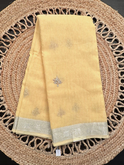 Yellow Fancy Cotton Saree With Hand Work