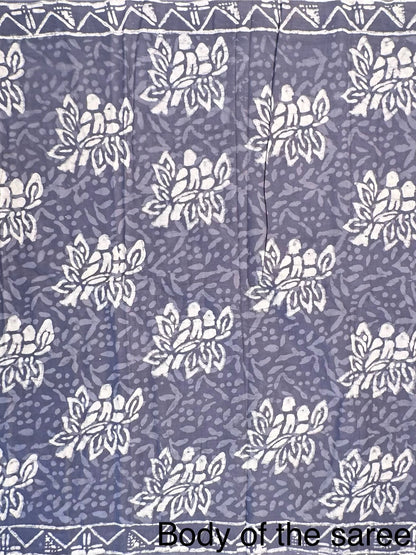 Bluish Grey Hand Block Print Pure Cotton Saree