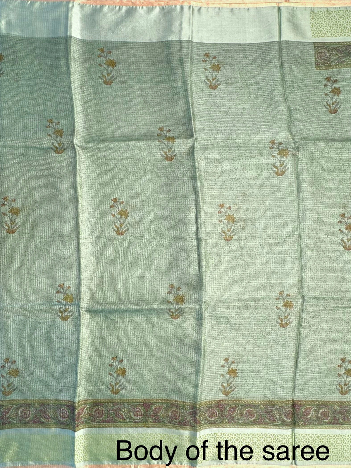 Pista Hand Block-Print Pure Kota Doria Silk Saree