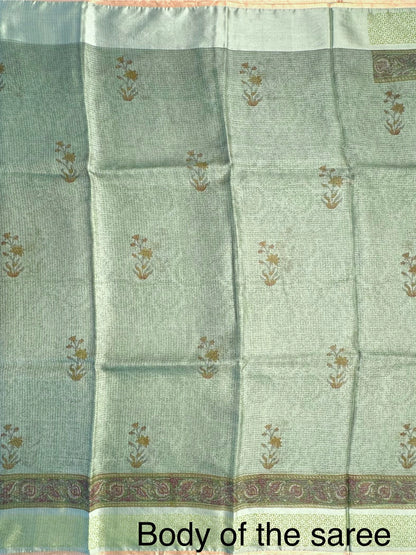 Pista Hand Block-Print Pure Kota Doria Silk Saree