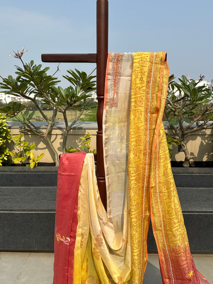 Yellow-Red Block Print Chanderi Saree With Kaantha Stitch
