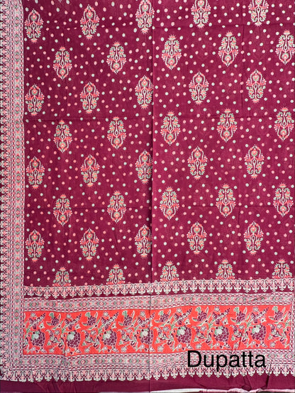 Magenta Block Printed Pure Cotton Suit