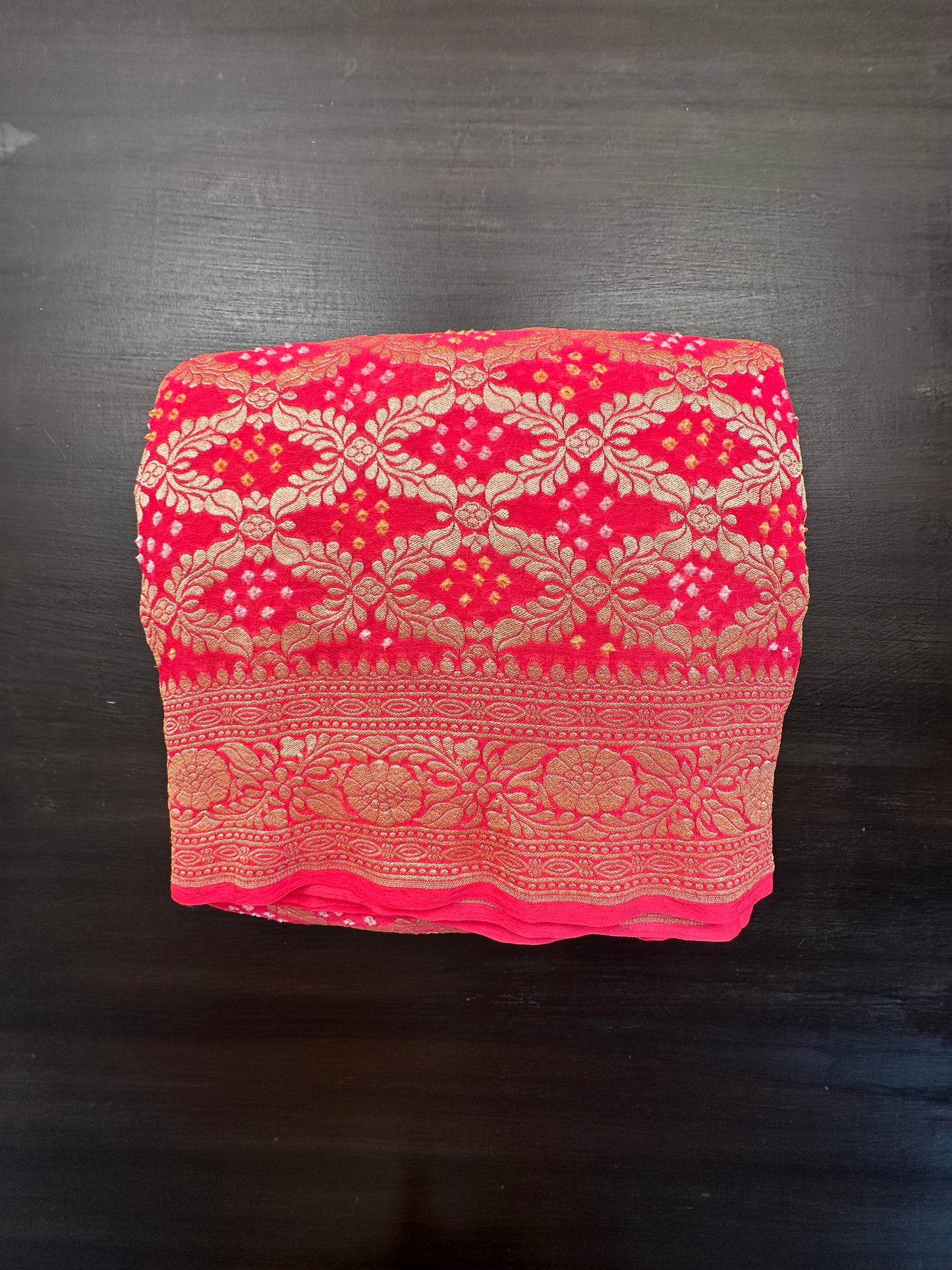 Coral Pink Gharchola Bandhej Pure Georgette Saree
