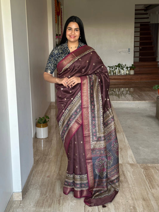 Dark Brown Muga Silk Saree