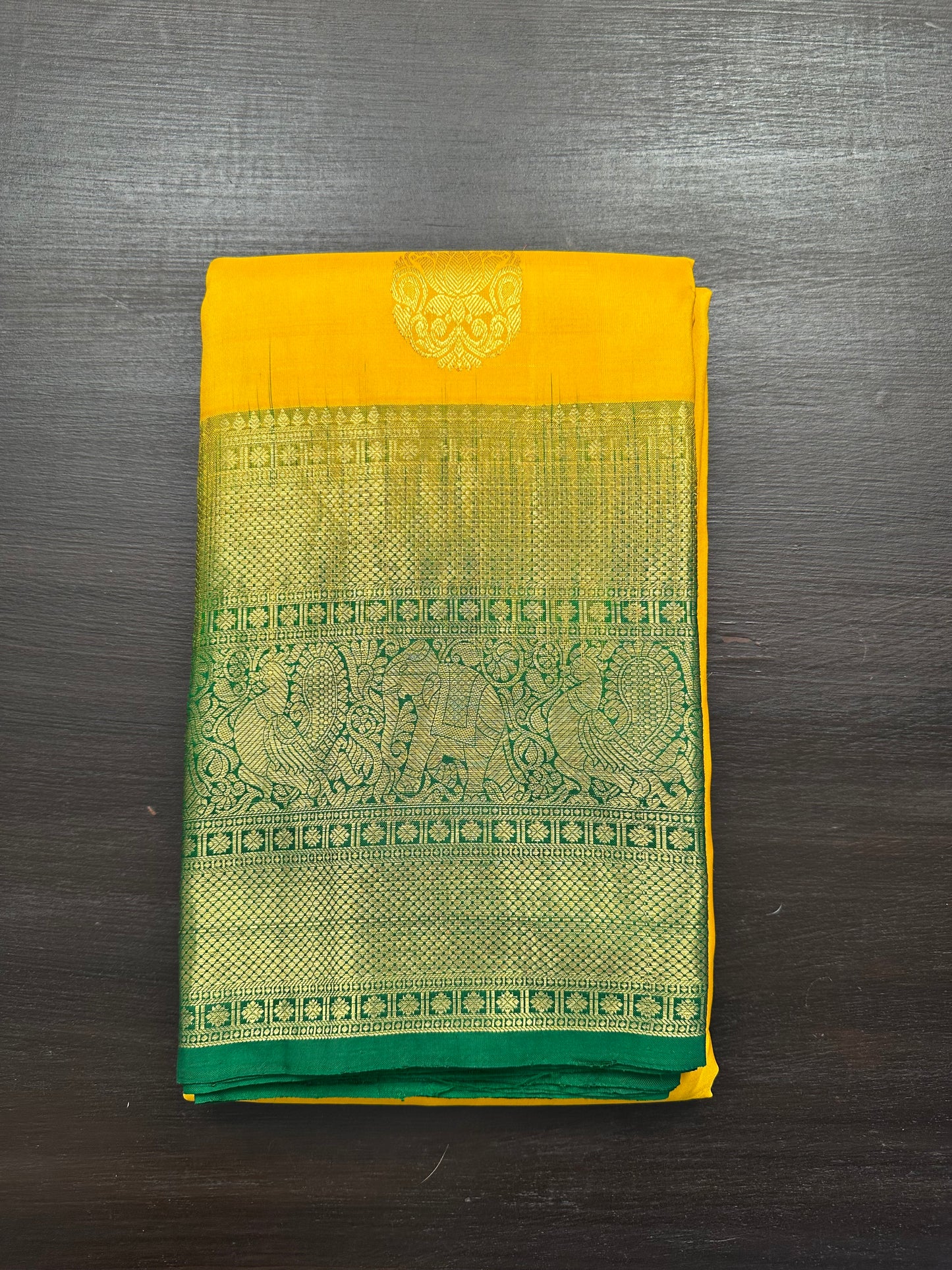 Mustard-Bottle Green Handloom Kanjivaram Pure Silk Saree