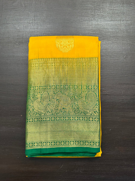 Mustard-Bottle Green Handloom Kanjivaram Pure Silk Saree