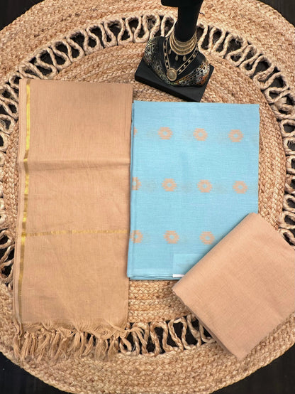 Powder Blue-Beige South Cotton 3-Piece Suit