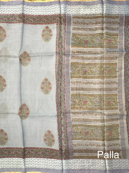 Grey Hand Block-Print Pure Kota Doria Silk Saree