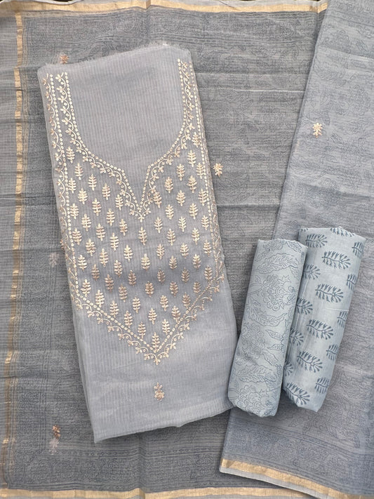 Grey 4-Piece Kota Doria Cotton Unstitched Suit