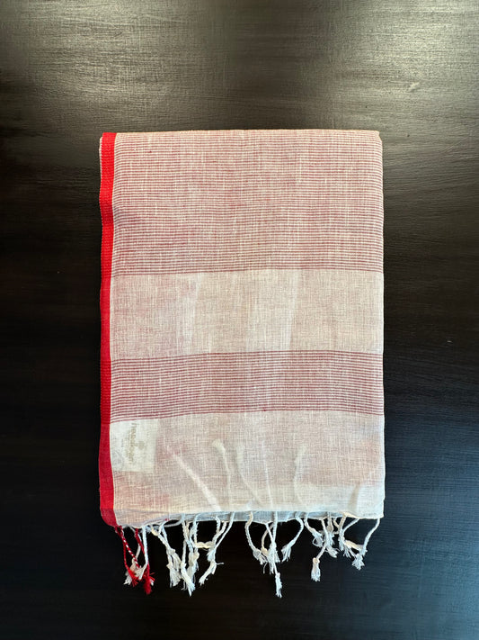 Off White-Red Linen Saree