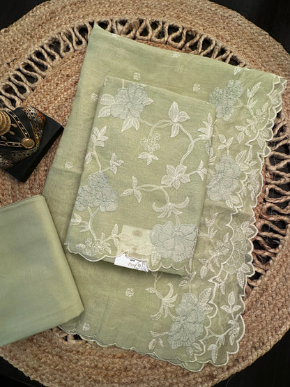 Pista Green Cotton Chanderi 3-Piece Unstitched Suit