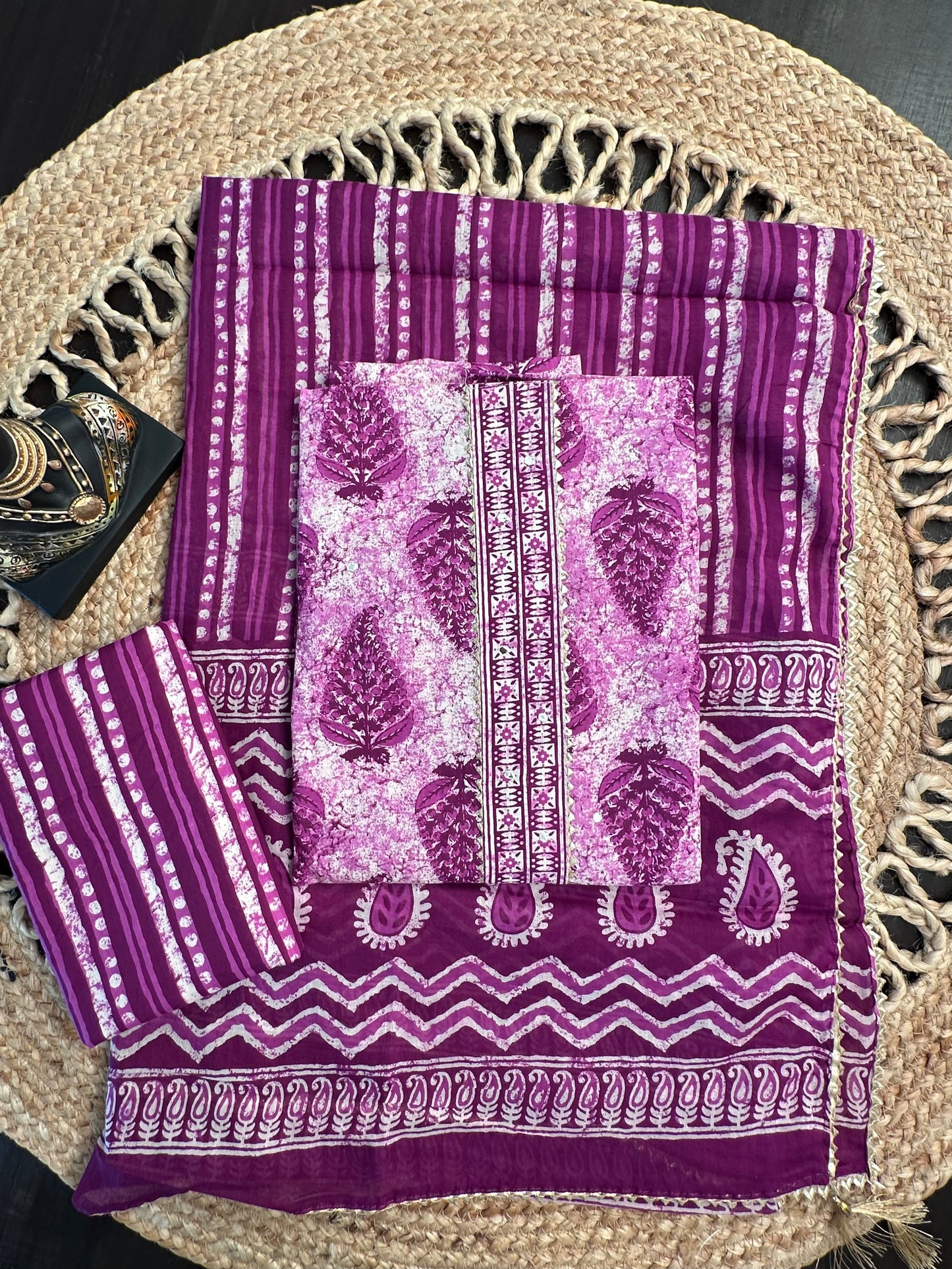 Purple Jaipuri Necktie Cotton 3-Piece Suit