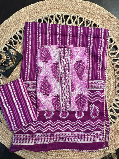 Purple Jaipuri Necktie Cotton 3-Piece Suit