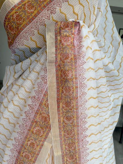 Off White- Black Block Printed Kota Doria Cotton Saree