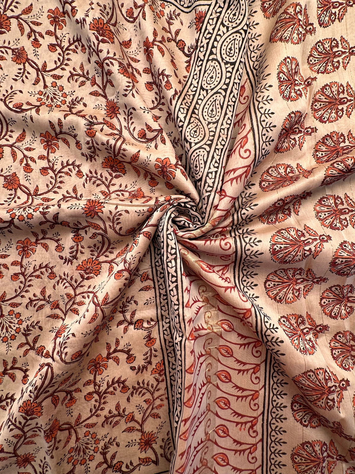 Beige-Red Chanderi Saree with Hand Block Print