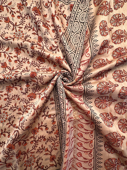 Beige-Red Chanderi Saree with Hand Block Print